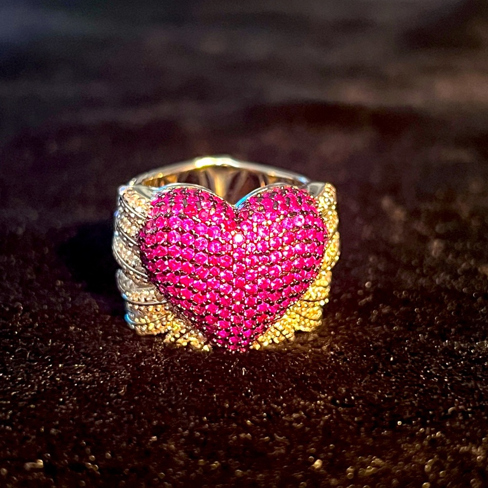 Paved silver and pink heart ring